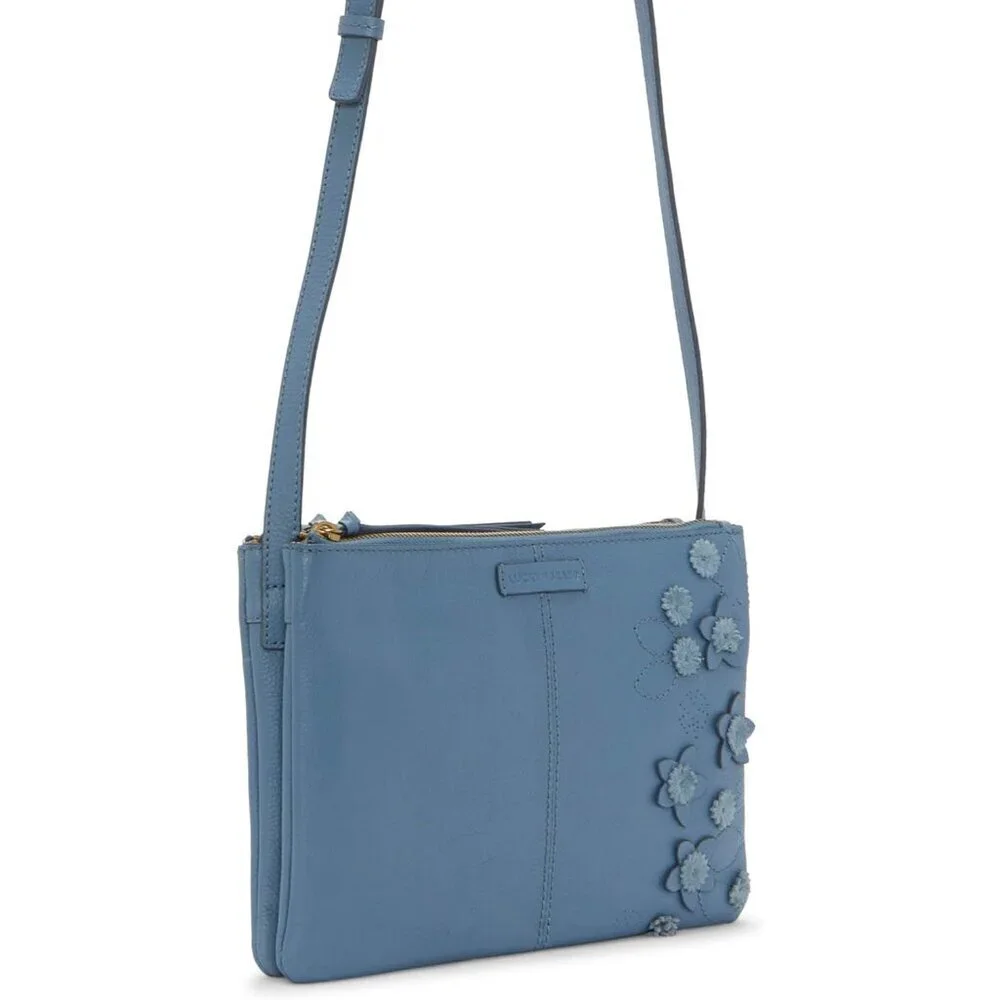 Leather Crossbody Bag Womens Zipper Closure Floral Accent Compact